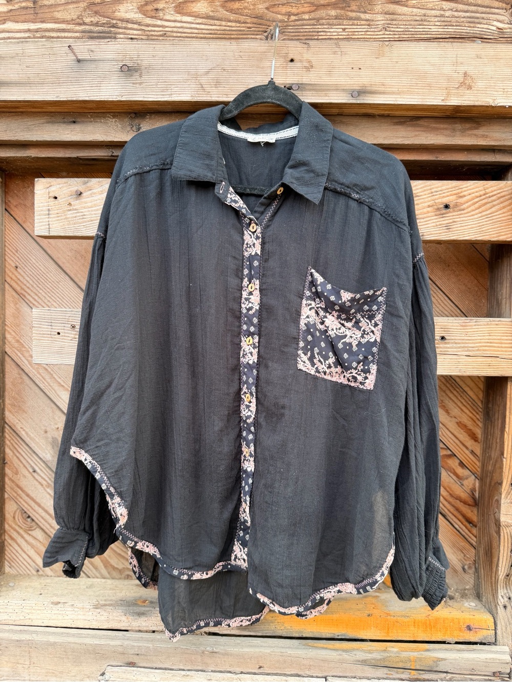 Women's Black Button-Down Shirt with Floral Trim